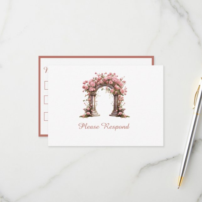 Blush Roses Boho Wedding Arch Wedding RSVP Card (Front/Back In Situ)