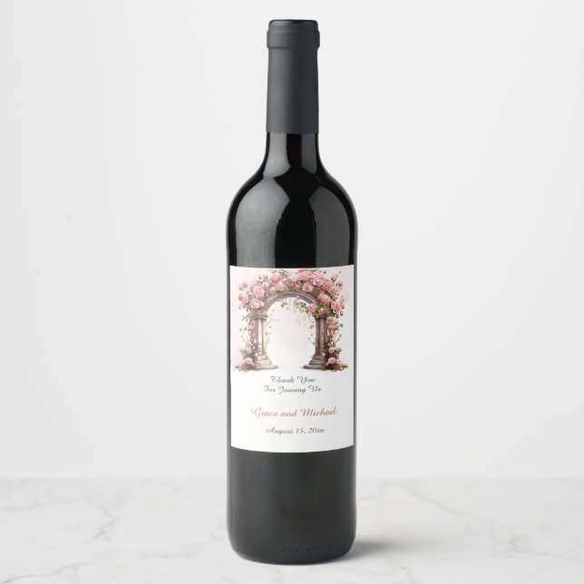 Blush Roses Boho Wedding Arch Wine Label (Front)