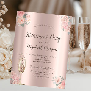 Blush Roses,Champagne Glass,Rose Gold Retirement Invitation