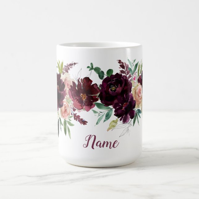 Blush Roses Dark Burgundy Peonies Custom Name  Coffee Mug (Center)