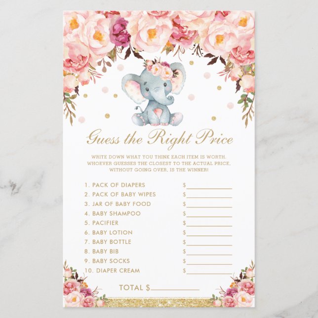 Blush Roses Elephant Guess the Right Price Game  (Front)