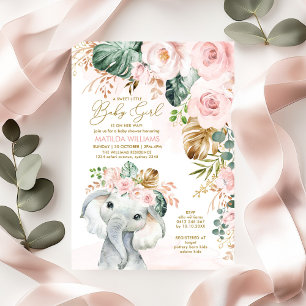 Blush Roses Elephant Sweet Baby Girl Baby Shower Invitation