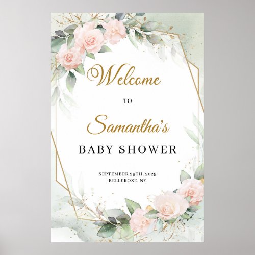 Blush roses eucalyptus gold Baby Shower welcome Poster