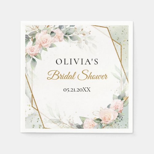 Blush roses eucalyptus gold frame bridal shower napkins