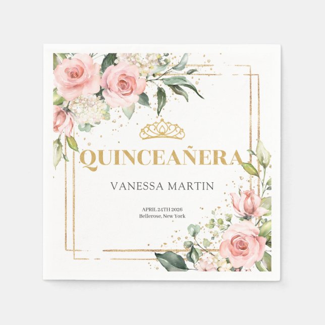 Blush roses eucalyptus gold tiara 15th birthday napkins (Front)