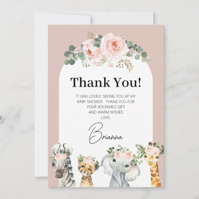 Blush Roses Floral Arch Safari Thank You Card (Front)