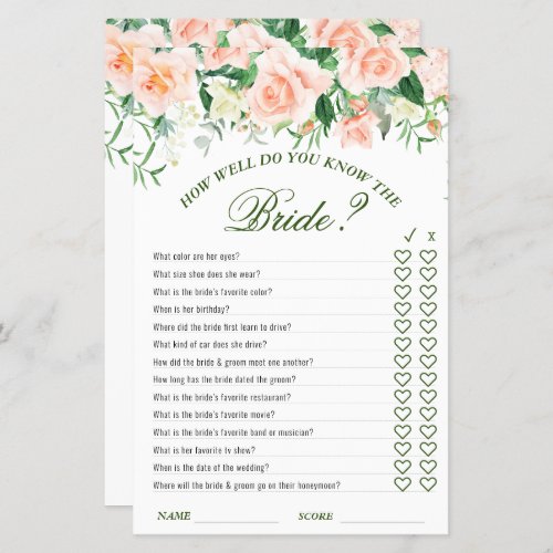 Blush Roses Floral Double_Sided Bridal Shower Game