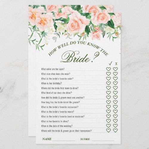 Blush Roses Floral Double_Sided Bridal Shower Game