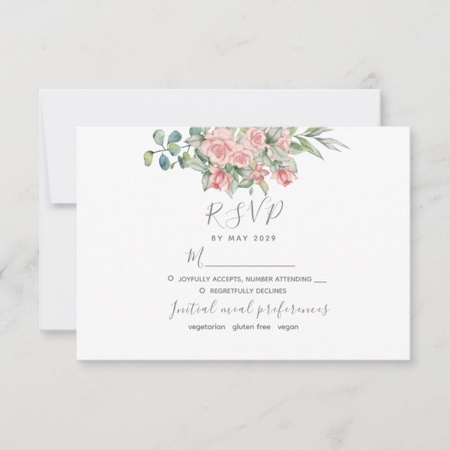 Blush Roses Floral Dusty Pink Wedding RSVP Card (Front)