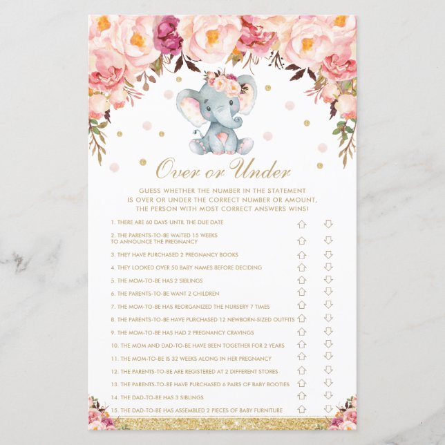 Blush Roses Floral Elephant Over or Under Game  (Front)
