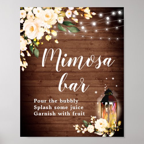 Blush Roses Floral Greenery Mimosa Bar Sign Poster