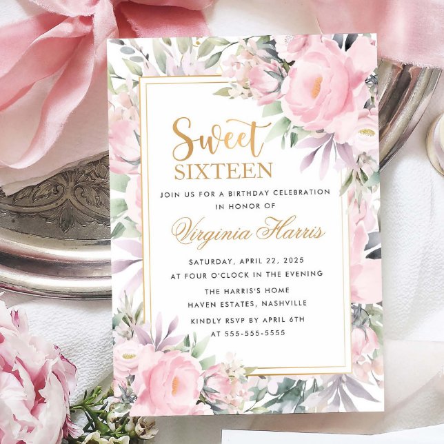 Blush Roses Floral Sweet Sixteen 16 Birthday Invitation (Creator Uploaded)