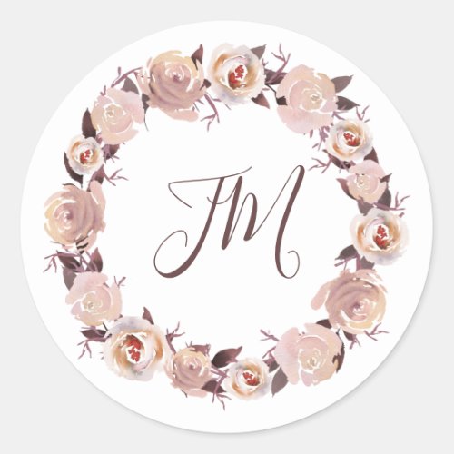 Blush Roses Floral Wreath Monogram Wedding Classic Round Sticker