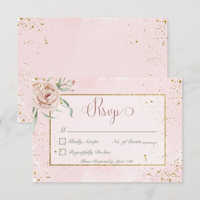 Blush Roses & Gold Accents Wedding RSVP Card (Front/Back)