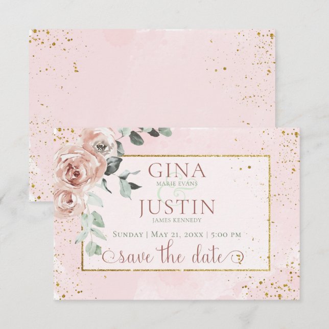 Blush Roses & Gold Accents Wedding Save The Date (Front/Back)