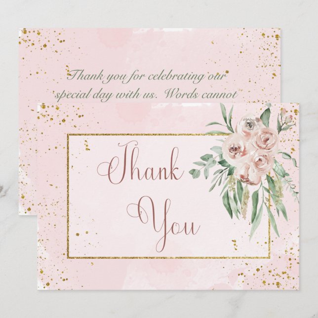 Blush Roses & Gold Accents Wedding Thank You Card (Front/Back)
