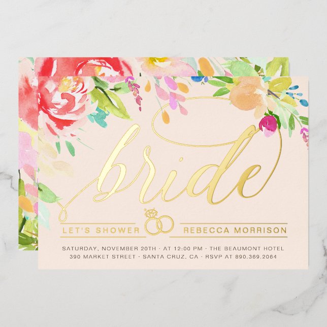 Blush | Roses & Gold Diamond Ring Bridal Shower Foil Invitation (Front/Back)