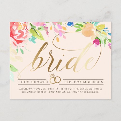 Blush  Roses  Gold Diamond Ring Bridal Shower Invitation Postcard