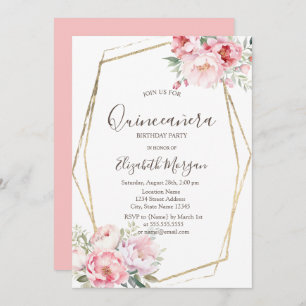 Blush Roses Gold Frame Quinceañera Invitation