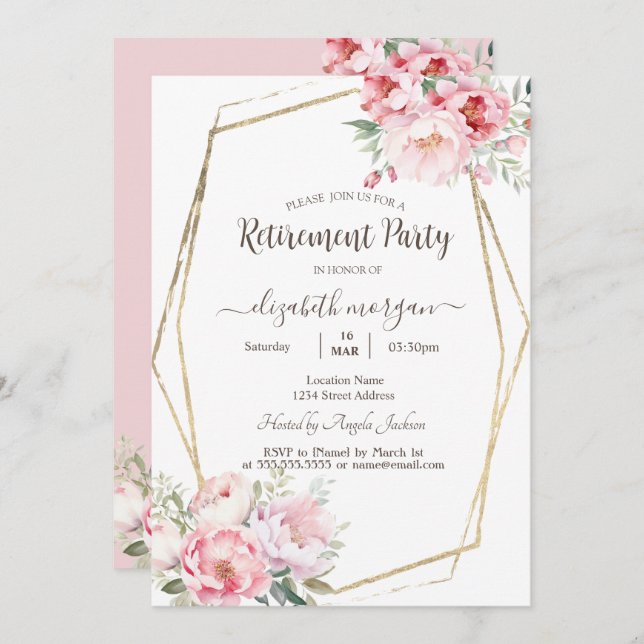 Blush Roses Gold Frame Retirement     Invitation (Front/Back)