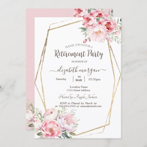 Blush Roses Gold Frame Retirement     Invitation