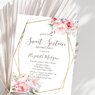 Blush Roses Gold Frame Sweet 16 Invitation