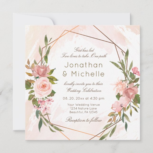 Blush Roses Gold Geometric Frame Christian Wedding Invitation (Front)