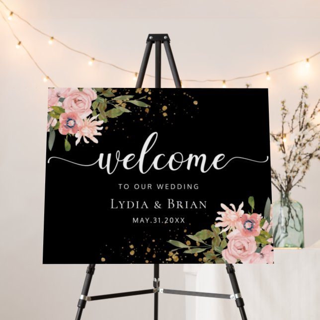 Blush Roses & Gold on Black Wedding Welcome Sign (In Situ (Stand))