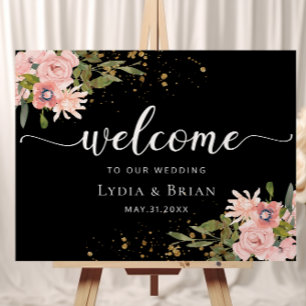 Blush Roses & Gold on Black Wedding Welcome Sign