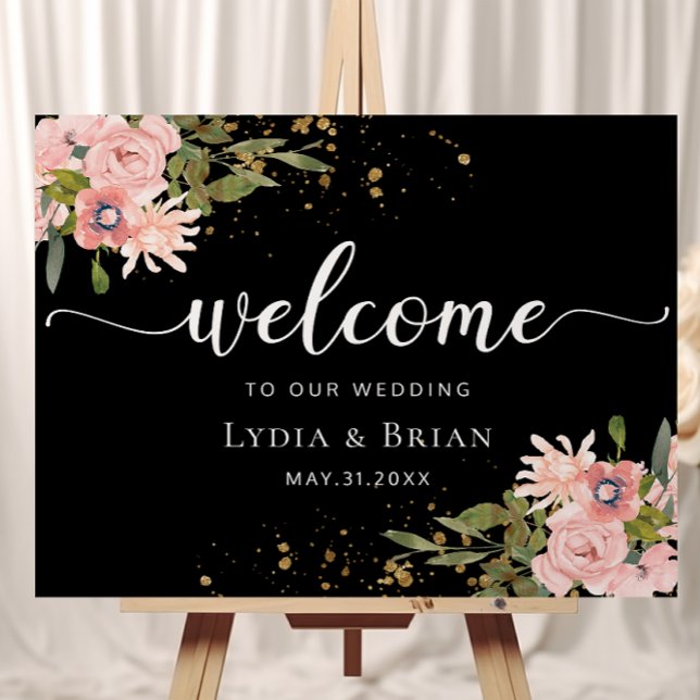 Blush Roses & Gold on Black Wedding Welcome Sign (Creator Uploaded)