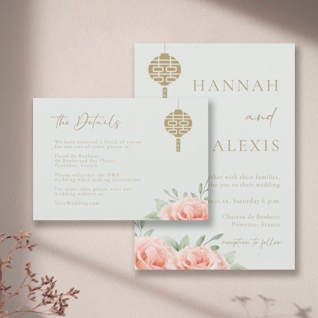 Blush Roses Green Leaves Chinese Wedding Details Invitation (Creator Uploaded)