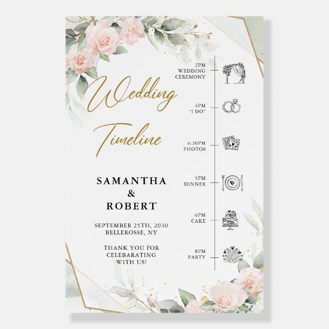 Blush roses greenery ceremony timeline foam board (Front)