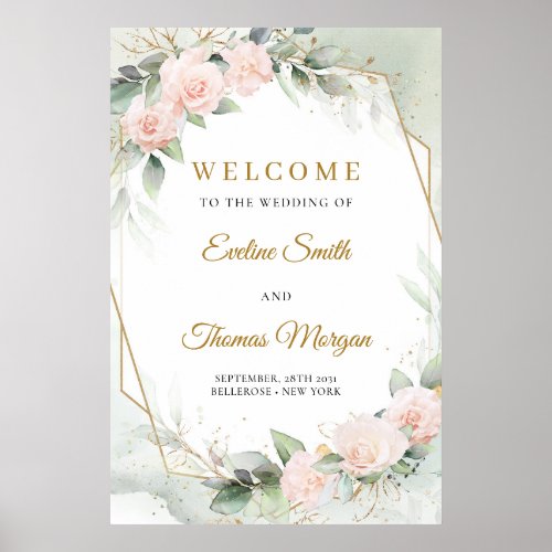 Blush roses greenery gold frame wedding welcome  poster
