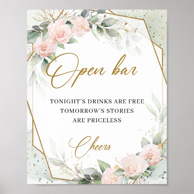 Blush roses greenery gold open bar wedding Sign (Front)