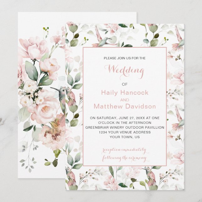 Blush Roses Hummingbirds Sage Greenery Wedding (Front/Back)