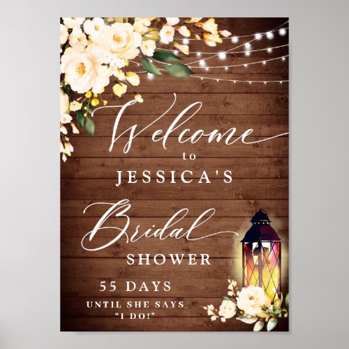 Blush Roses Lantern Rustic Wood Bridal Shower Poster