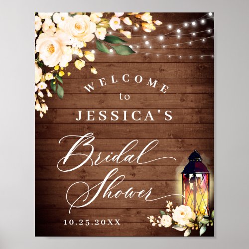 Blush Roses Lantern Rustic Wood Bridal Shower Poster