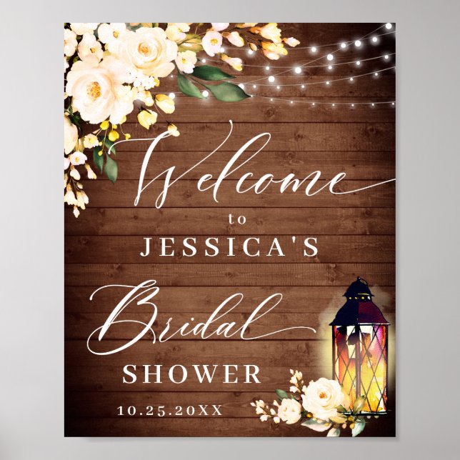 Blush Roses Lantern Rustic Wood Bridal Shower Poster (Front)
