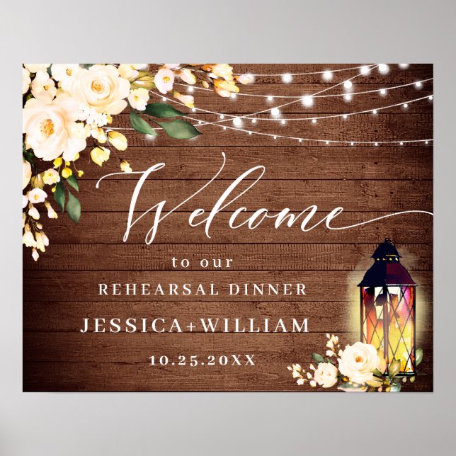 Blush Roses Lantern Rustic Wood REHEARSAL DINNER Poster (Front)