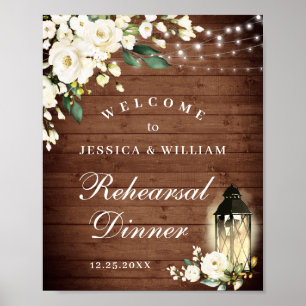 Blush Roses Lantern Rustic Wood Rehearsal Dinner Poster