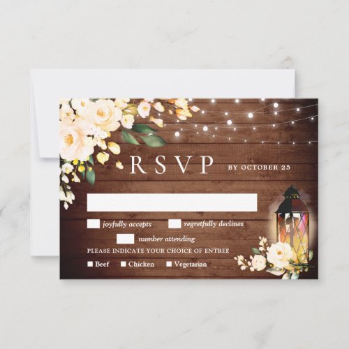 Blush Roses Lantern Rustic Wood Wedding RSVP Card