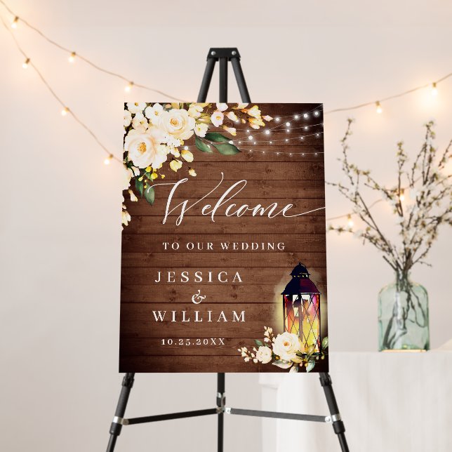 Blush Roses Lantern Rustic Wood Welcome Wedding Foam Board (In Situ (Stand))