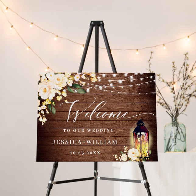 Blush Roses Lantern Rustic Wood Welcome Wedding Foam Board (In Situ (Stand))