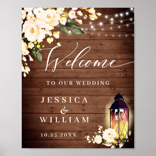 Blush Roses Lantern Rustic Wood Welcome Wedding Poster (Front)