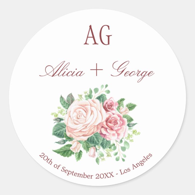 Blush Roses Monogrammed Wedding Seal Envelope (Front)