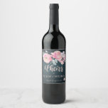 Blush roses navy chalkboard cheers wedding wine label<br><div class="desc">Cheers light pink typography brush script and blush romantic roses with blue foliage with your name / names and wine sort on dark midnight navy blue chalkboard background making an inspired personalized wine label for your elegant spring or summer night garden outdoor wedding or other anniversary / celebrating event.</div>