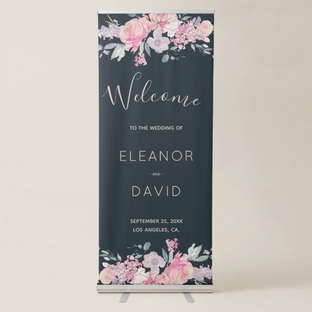 Blush roses navy welcome reception wedding sign (Front)