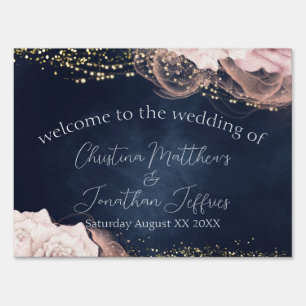 Blush Roses on Navy Blue Wedding Welcome Sign