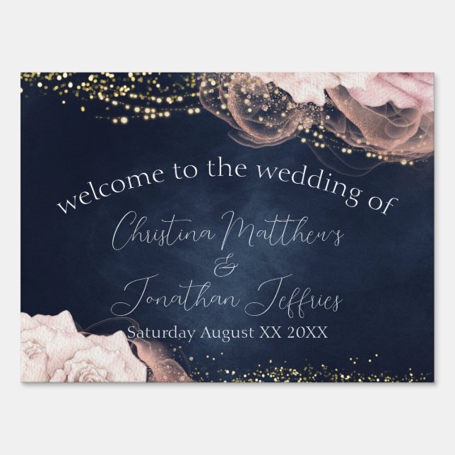 Blush Roses on Navy Blue Wedding Welcome Sign (Front)