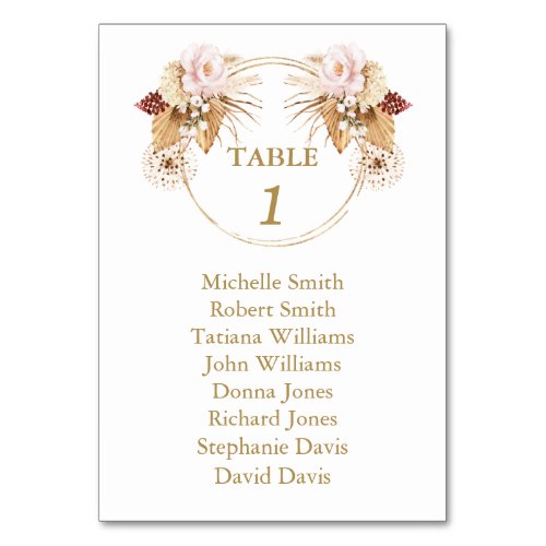 Blush Roses Pampas Grass Wedding Seating Chart  Table Number